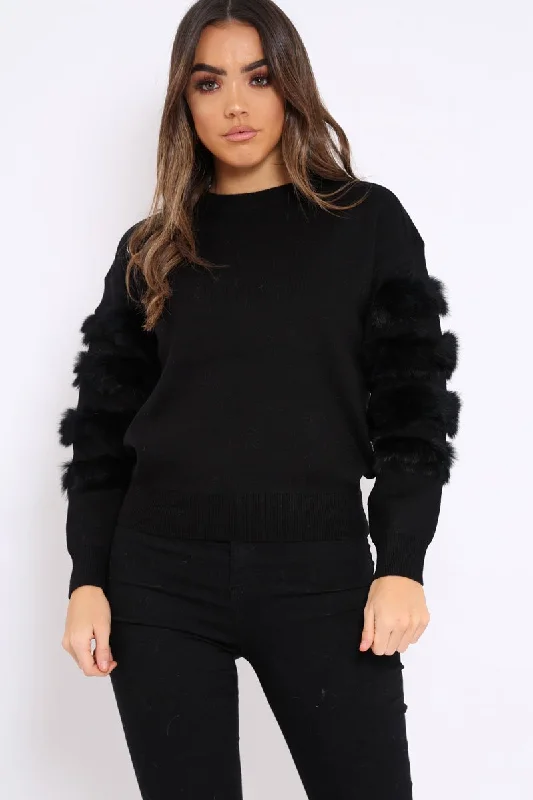 pullover hoodie styleBlack Fur Sleeve Knitted Jumper - Courtnie