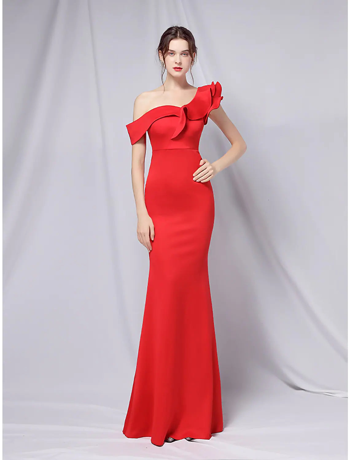 Price Buster Evening Gown Dress Wedding Guest Floor Length Short Sleeve One Shoulder Stretch Satin with Ruffles Price Buster Evening Gown Dress Wedding Guest Floor Length Short Sleeve One Shoulder Stretch Satin with Ruffles
