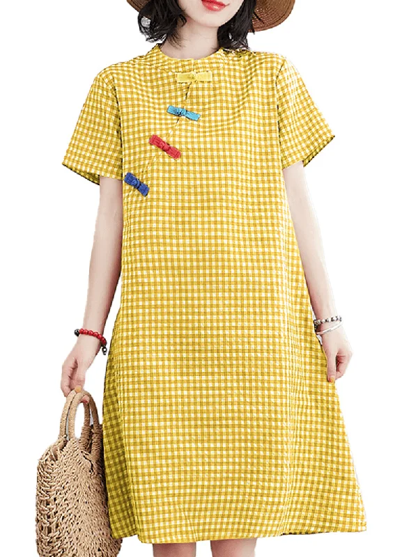 Early Access cocktail party dressShort Sleeve Stand Collar Pleated Spliced Plaid Casual Dress for Women