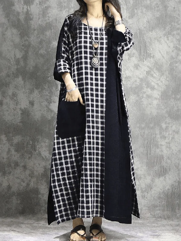 Major Savings long sleeve dressPlaid Patchwork round Neck Long Sleeve Casual Maxi Dress