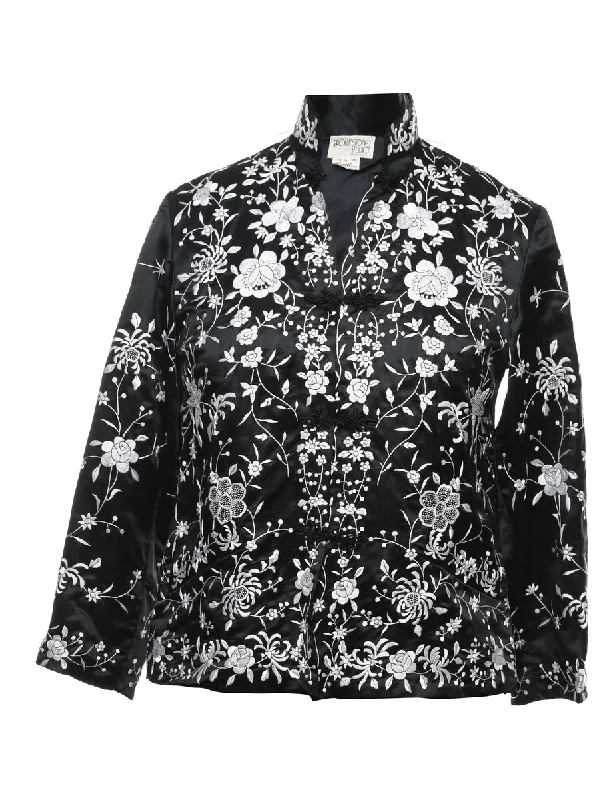 fashion coat with hoodEmbroidered Black & Silver Floral Evening Jacket - M