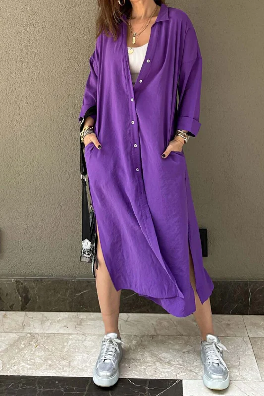 elegant evening dressSolid Color Single-breasted Slit Shirt Dress