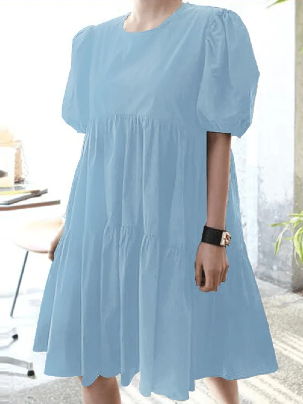 Friends and Family Sale cocktail party dressWomen Solid Color Tiered round Neck Stitching Casual Short Sleeve Midi Dresses