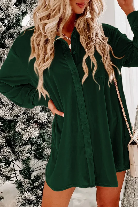 t-shirt dressBlackish Green Velvet Button Front Shirt Long Sleeve Casual Mini Dress