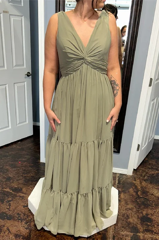 Final Clearance satin midi dressDusty Sage Deep V Neck Twist Knot Ruffles Chiffon Long Bridesmaid Dress