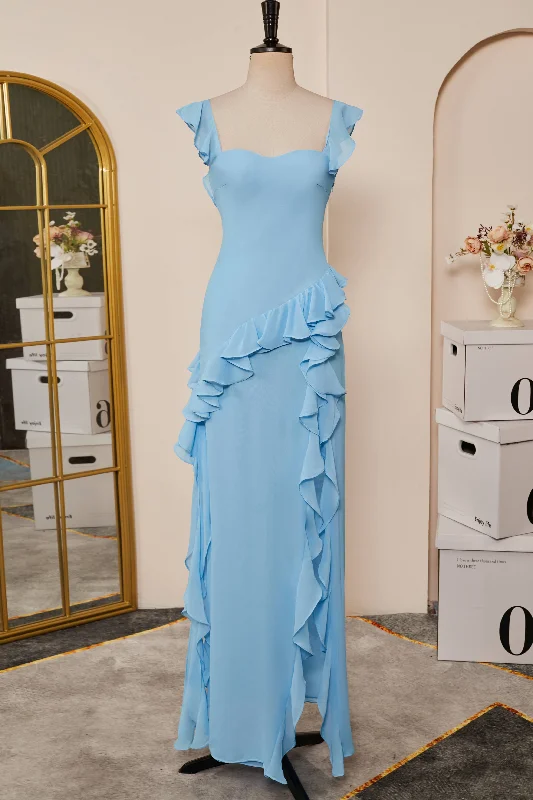 Big Savings chic dressLight Blue Flaunt Sleeves Mermaid Ruffled Long Bridesmaid Dress with Slit