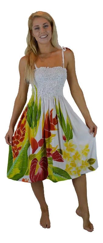 Great Deals Island Style - Batik Elastic Dress  - White w/ Tropical Bouquet Design