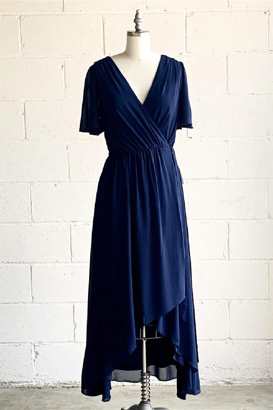 Price Buster spaghetti strap dressFaux-Wrap V Neck Pleated Chiffon Hi-Low Bridesmaid Dress with Sleeves