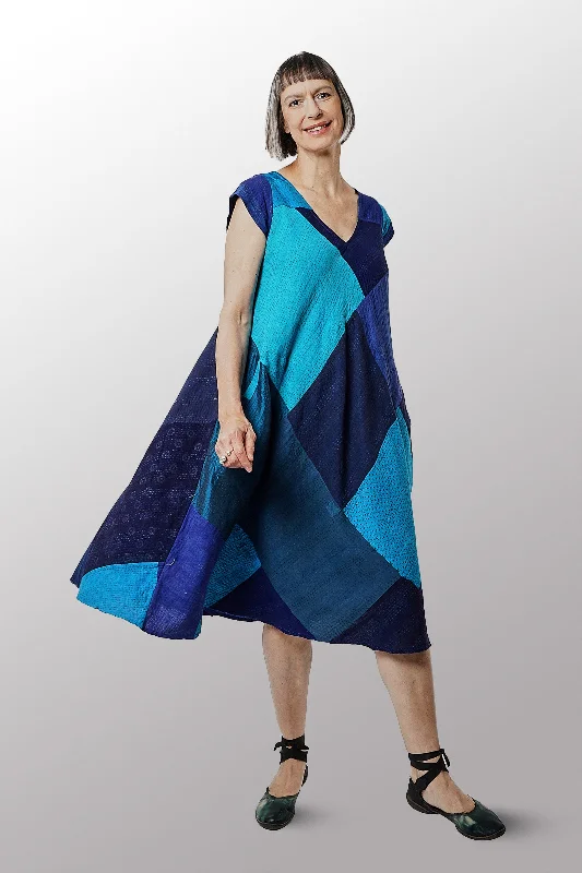Special Offer COTTON SILK SW PATCH OMBRE KANTHA CAP SLV. FLARE DRESS - wo2425-blu -