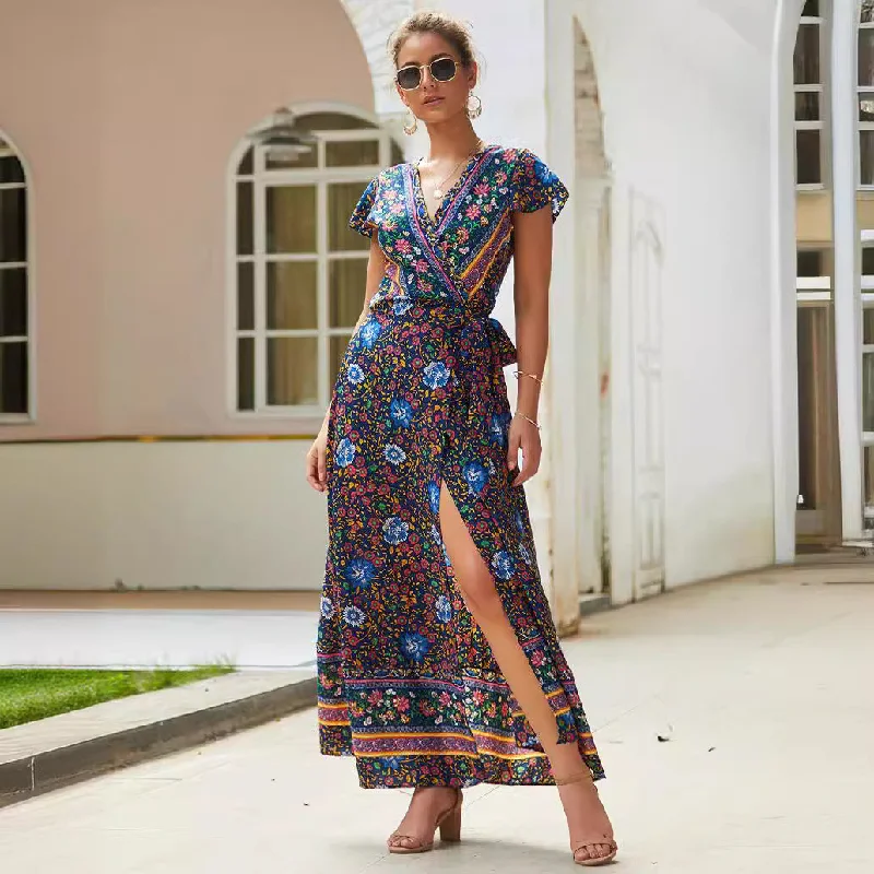 Limited Stock trendy dressV-neck Split Bohemian Print Dress