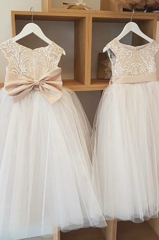 Price Blitz chic dressA-Line Champagne and Ivory Long Flower Girl Dress with Bow