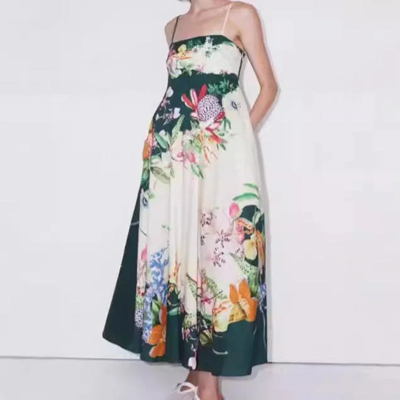 Don't Wait sleek midi dressSpaghetti-strap Floral Print Pocket Dress Loose Vacation