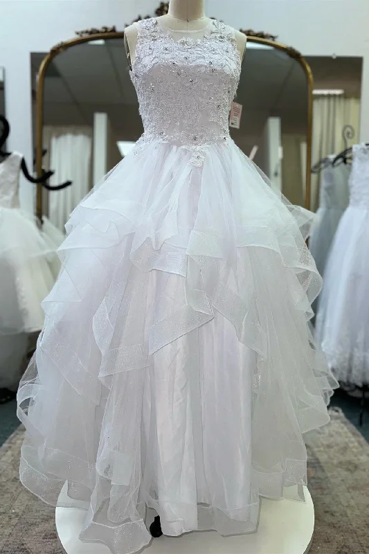 Savings Spectacular casual shift dressWhite Illusion Neck Beaded Applique Multi-Layers Long Flower Girl Dress