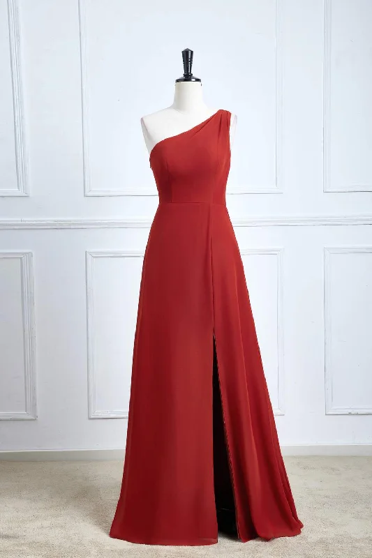 Instant Discount evening dressRust One Shoulder A-line Chiffon Long Bridesmaid Dress with Slit