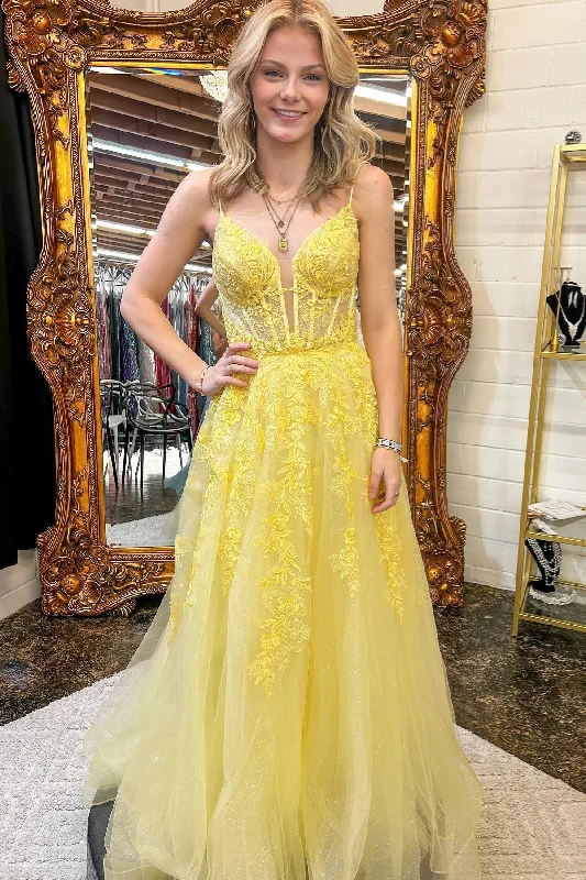 Savings Galore summer floral dressYellow Floral Spaghetti Straps A-line Long Prom Dress