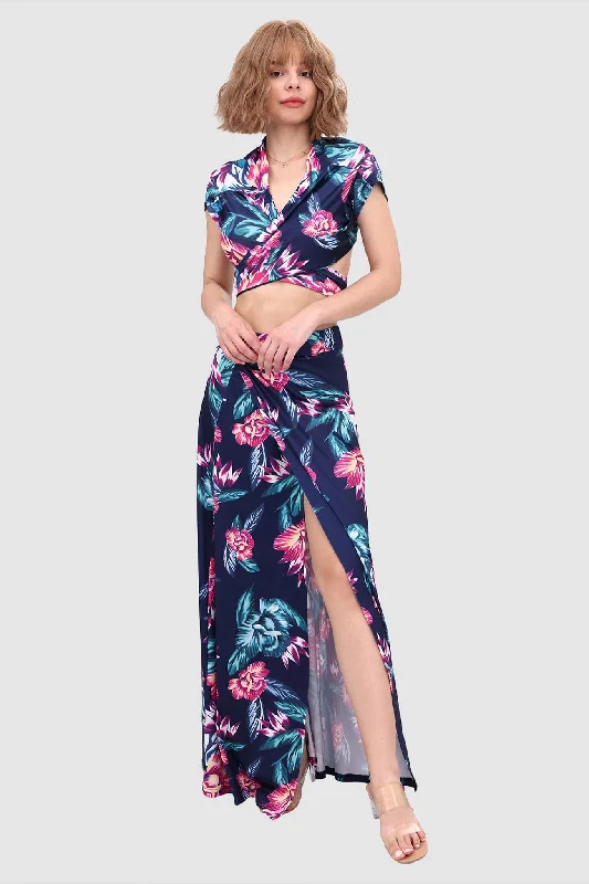 flowy maxi dressV-neck Crop Tied Top & Front Slit Skirt