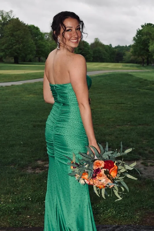 Price Smash sleek dressStrapless Green Beaded Ruched Long Prom Dress