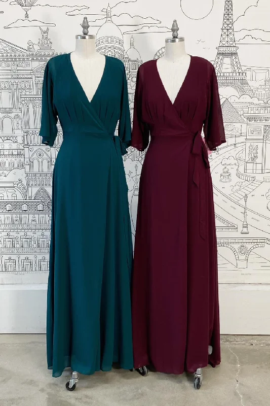 Closeout casual knit dressWrap V Neck Sleeves Chiffon Long Bridesmaid Dress with Sash