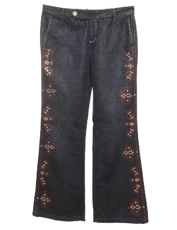 Discount Deals casual trench coatEmbellished Dark Wash Flared Jeans - W32 L32