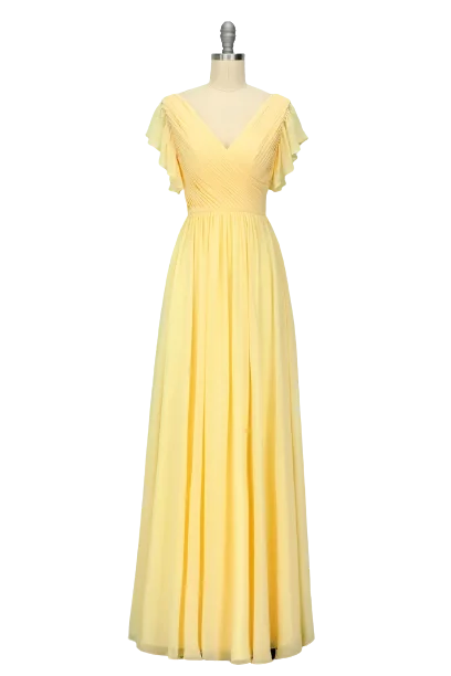 Overstock Sale sleek midi dressElegant V Neck Pleated Yellow Bridesmaid Dress with Ruffles