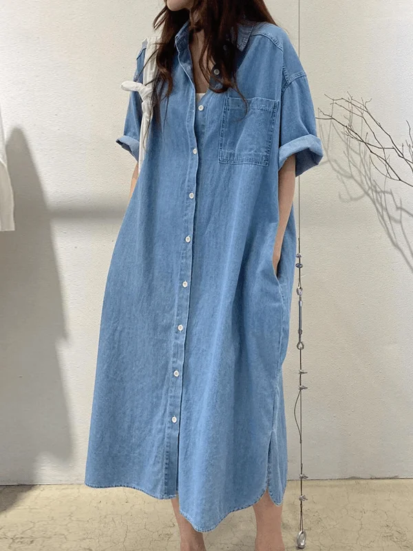 sleeveless dressVibeMartini-Vintage Lapel Single Breasted Casual Pocket Denim Dress