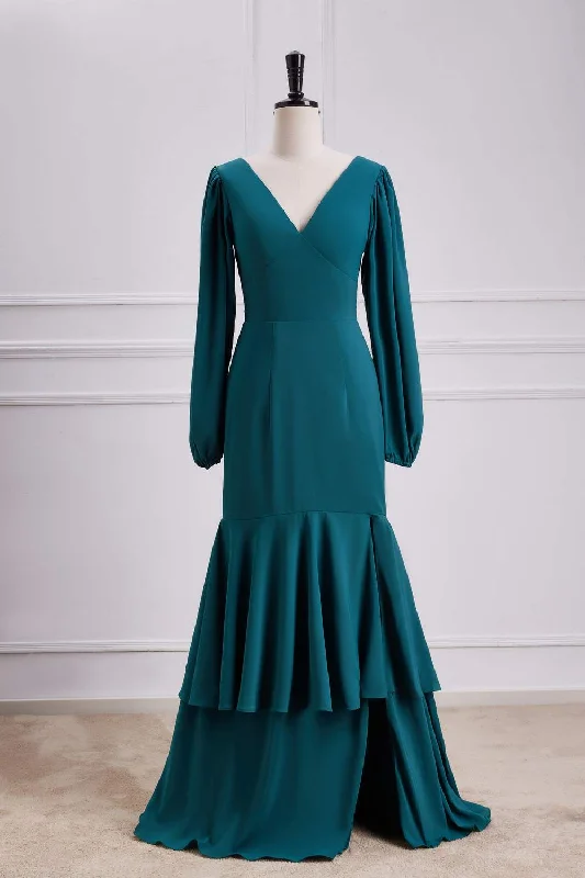 Fantastic Offers casual midi dressTeal Long Sleeves V Neck Mermaid Layers Long Bridesmaid Dress with Slit