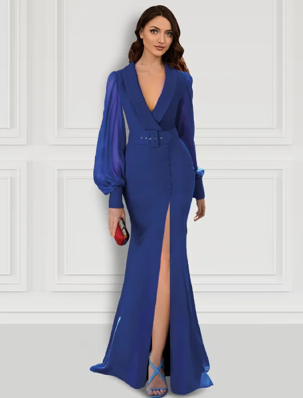 Act Now Mermaid / Trumpet Evening Gown Elegant Dress Formal Sweep / Brush Train Long Sleeve V Neck Belt / Sash Stretch Fabric with Buttons Slit