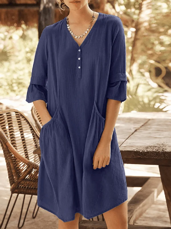 Weekend Deal formal dressCasual Solid Color Cotton Half Bell Sleeve V-Neck Button Dress with Pocket