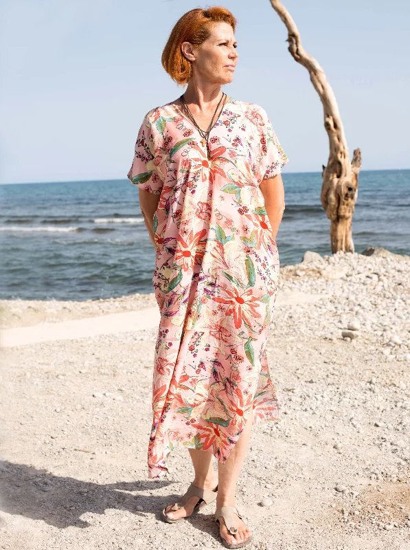 Fantastic Offers Peach Pink Floral Print Kaftan Dress
