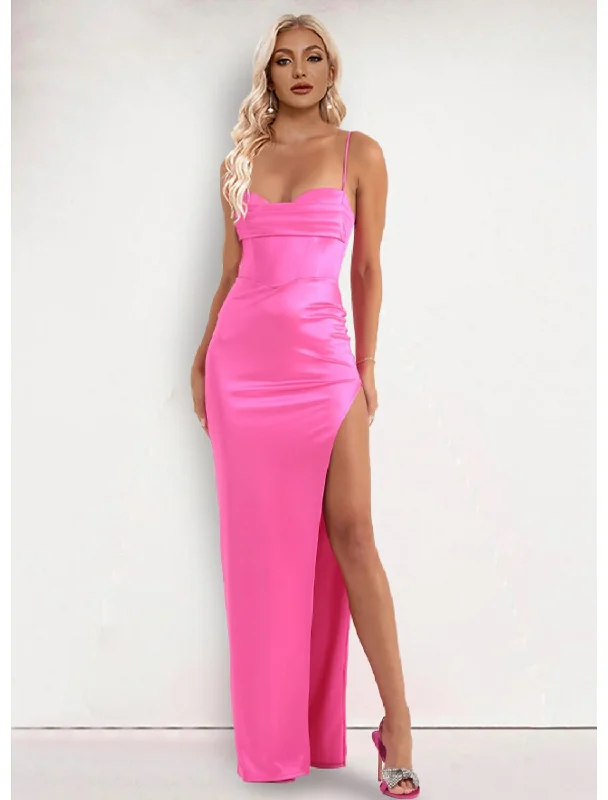 Mega Sale Evening Gown Dress Formal Floor Length Sleeveless Strap Stretch Satin with Slit Mega Sale Evening Gown Dress Formal Floor Length Sleeveless Strap Stretch Satin with Slit