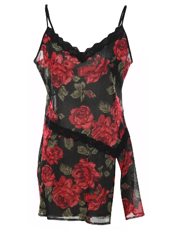 Online Only oversized coatFloral Print Black, Red & Green Slit Detail Babydoll  - M