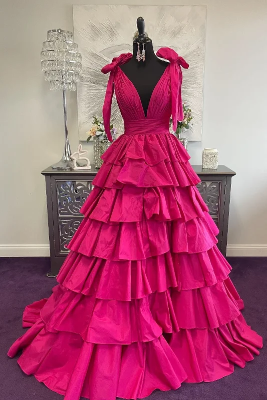 Grand Opening Sale trendy wrap dressFuchsia Bow Tie Straps Layers Plunging V Long Prom Dress