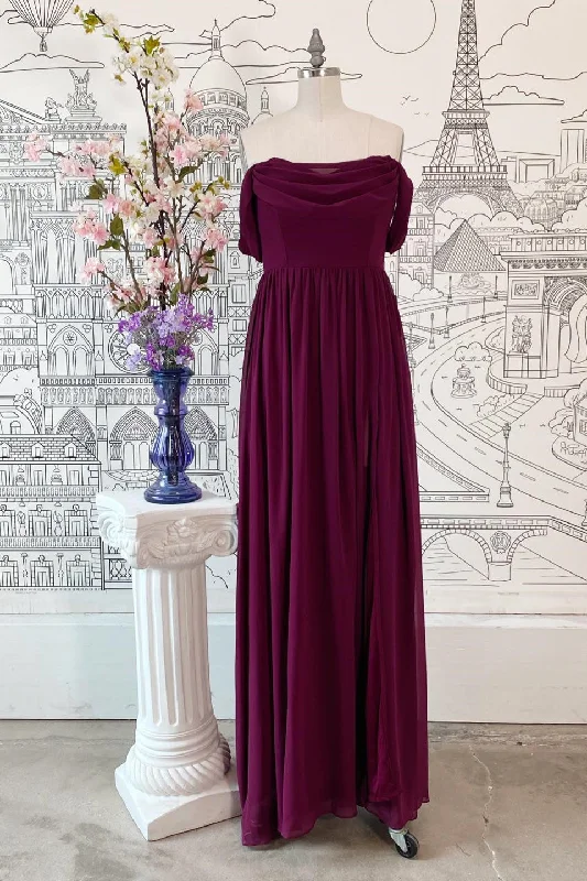 Savings Event comfy dressRaspberry Off-the-Shoulder Cowl Neck Chiffon Long Bridesmaid Dress