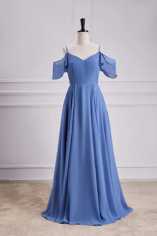 Huge Savings pleated maxi dressBlue Cold Shoulder A-line Chiffon Long Bridesmaid Dress