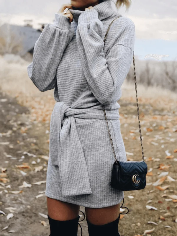 Unbeatable Prices long-sleeve floral dressWomen Grey High Neck Ribbed Sashes Midi Dress