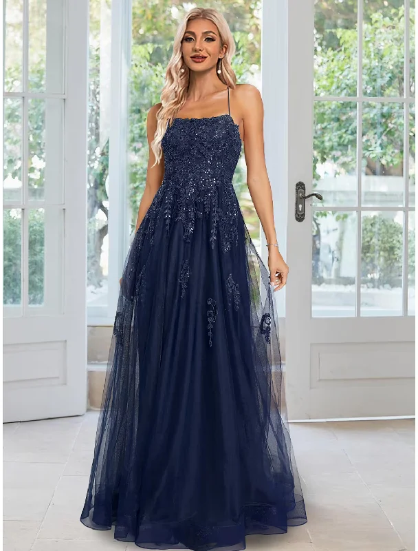 Price Cut A-Line Sheath / Column Evening Gown Floral Dress Formal Floor Length Sleeveless Spaghetti Strap Tulle with Sequin Appliques