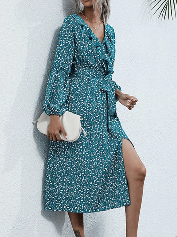 Price Reduction romantic dressWomen Floral Print Ruffle Trims V-Neck Long Sleeve Casual Midi Dress