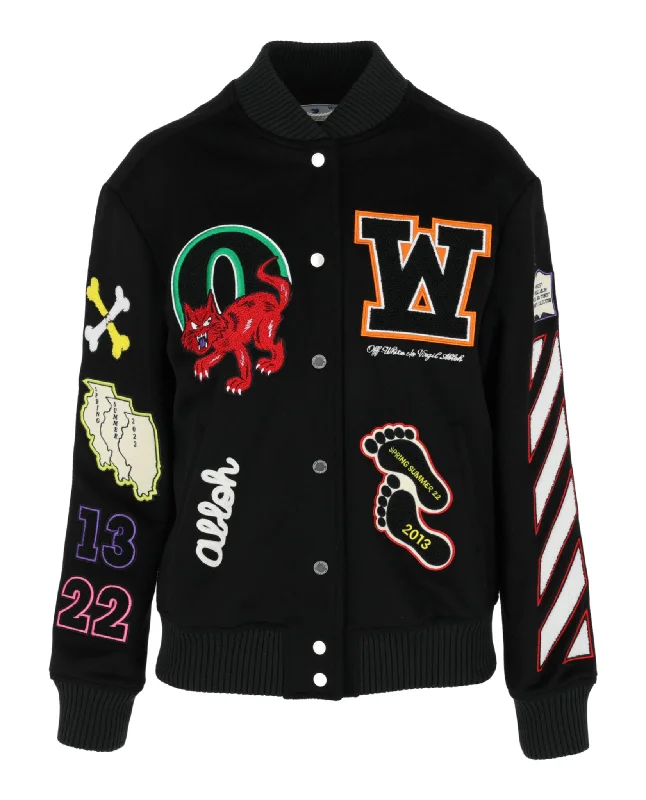 Stock Up and Save sleek and warm coatOff-White Womens Embroidered Patches Varsity Bomber Jacket