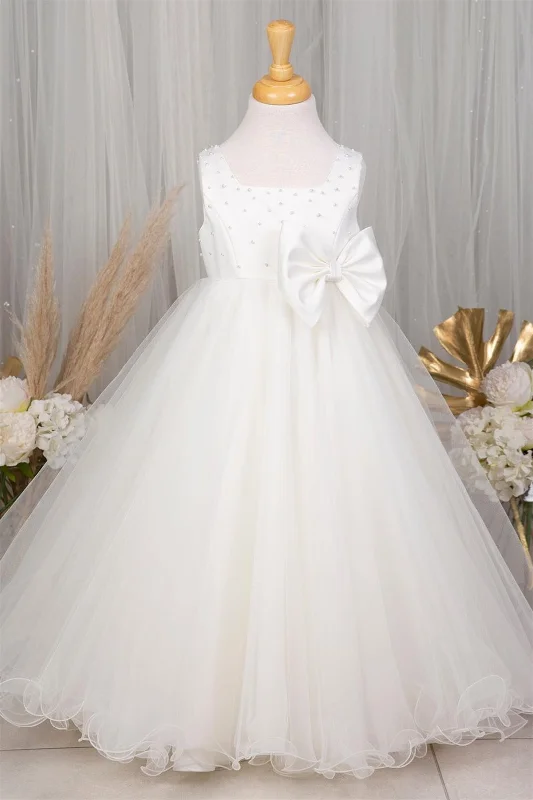 Seasonal Clearance knit dressWhite Square Neck Pearl Beaded Sleeveless Long Flower Girl Dress with Bow