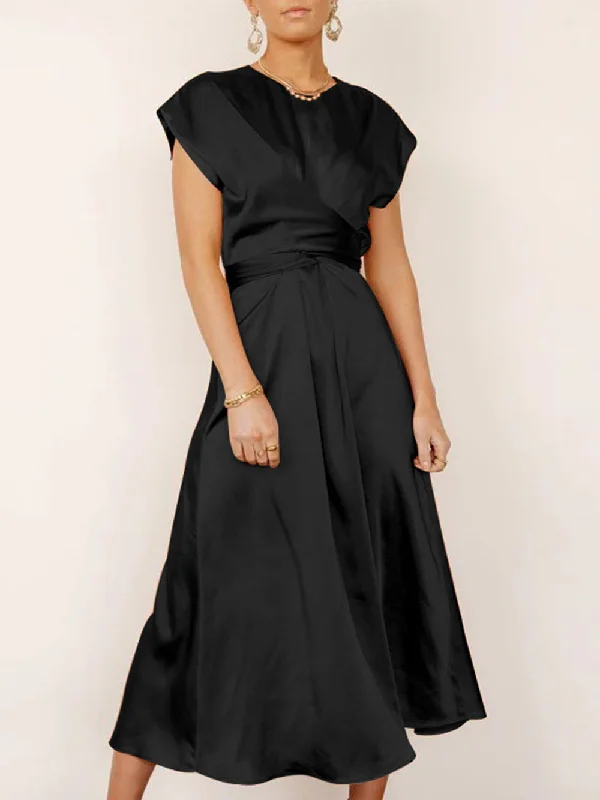 Act Now luxury dressJuliet Cross Sashes Solid Satin O-Neck Sleeveless Long Dress