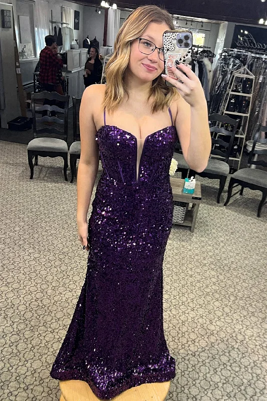 Overstock form-fitting dressPurple Sequins Spaghetti Straps Mermaid Long Prom Dress