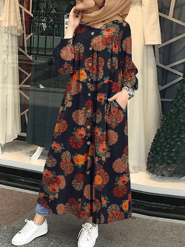 Seasonal Clearance wrap dressWomen Retro Floral Print O-Neck Button Robe Shirt Maxi Dress with Pocket
