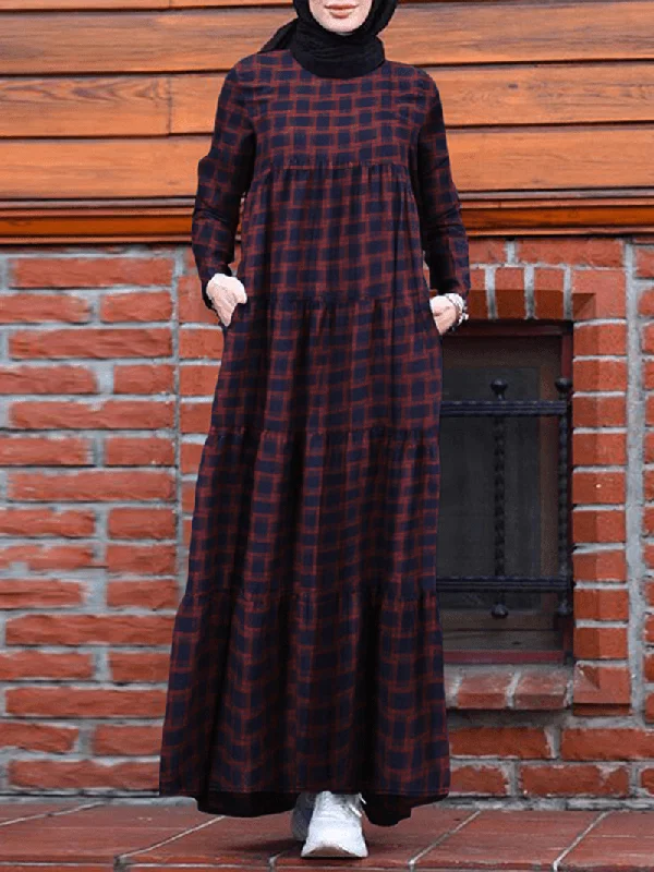 Season Finale Sale A-line dressWomen Vintage Plaid round Neck Kaftan Casual Long Sleeve Maxi Dresses with Pocket