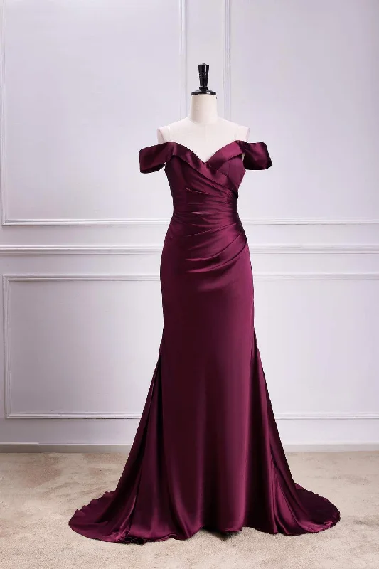 Special Price ruched dressRaspberry Off-Shoulder Mermaid Satin Long Bridesmaid Dress