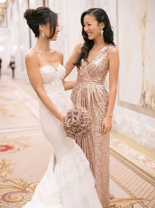 Final Markdown long sleeve dressElegant V-Neck Floor Length Sequins Gold Bridesmaid Dress