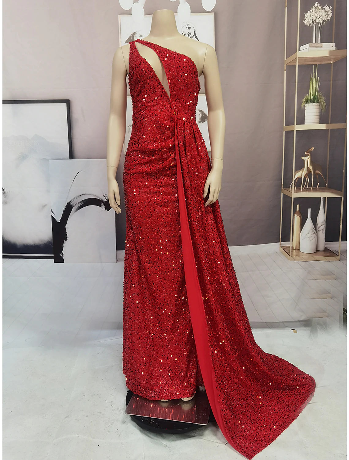 Instant Discount Sparkle Shine High Split Prom Formal Evening Dress One Shoulder Sleeveless Sequined with Slit