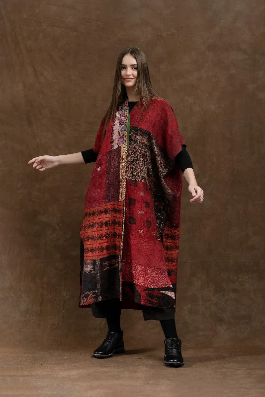 Closeout VINTAGE SILK PATCH KANTHA PONCHO DRESS - vp2443-red -