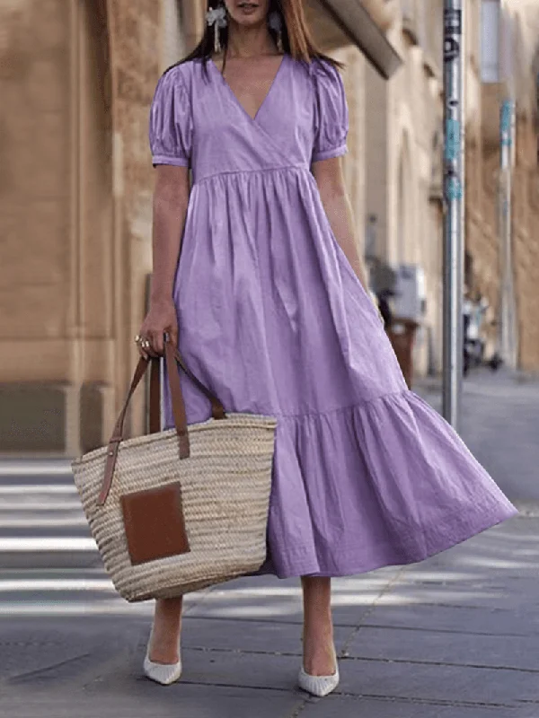 Weekend Flash Sale boho-chic dressWomen Cotton V-Neck Puff Sleeve Holiday Pleated Stitching Maxi Dress