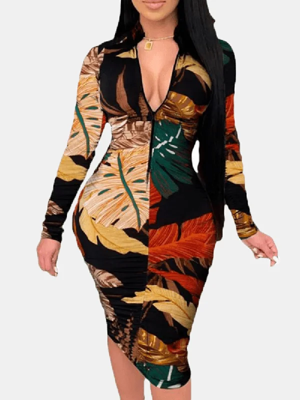 Lowest Price fitted dressWomen Plant Leaves Print Long Sleeve Zipper Elegant Midi Dress
