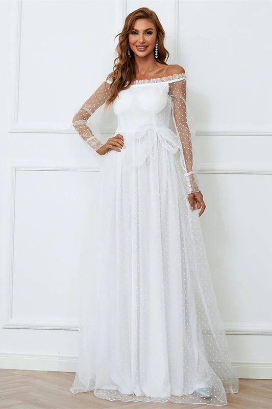 New Arrival structured dressCasual Long Sleeves White Tulle Long Wedding Dress